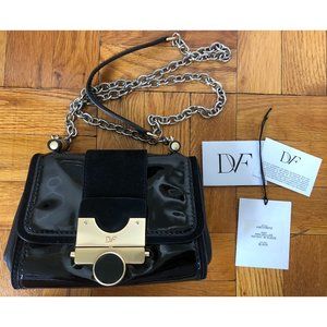DVF Diane Von Furstenberg Black Mini Keller Crossbody Patent Leather Suede Chain